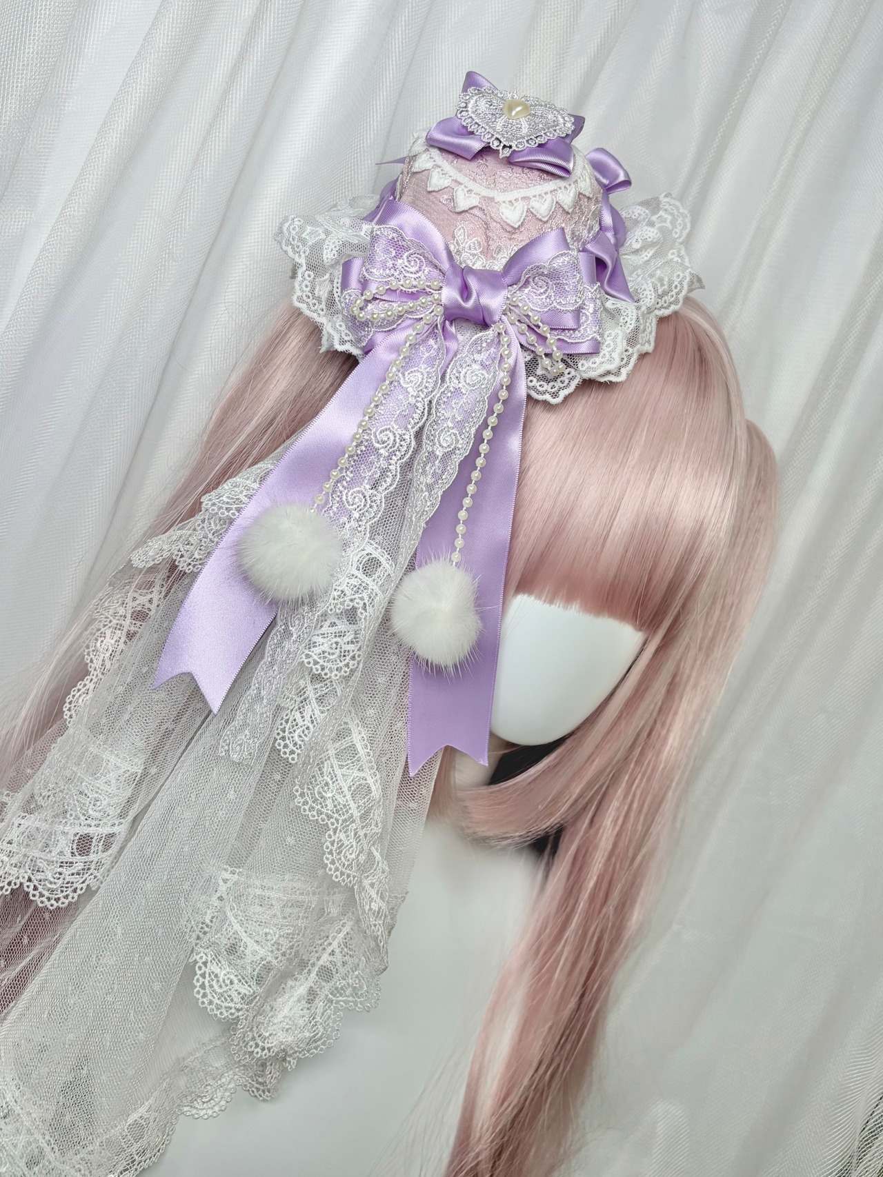 ♡【全6色】マシュマロぽんぽんリボン ロリィタミニハットヘアクリップ＋ヴェールセット light blue×pink ♡