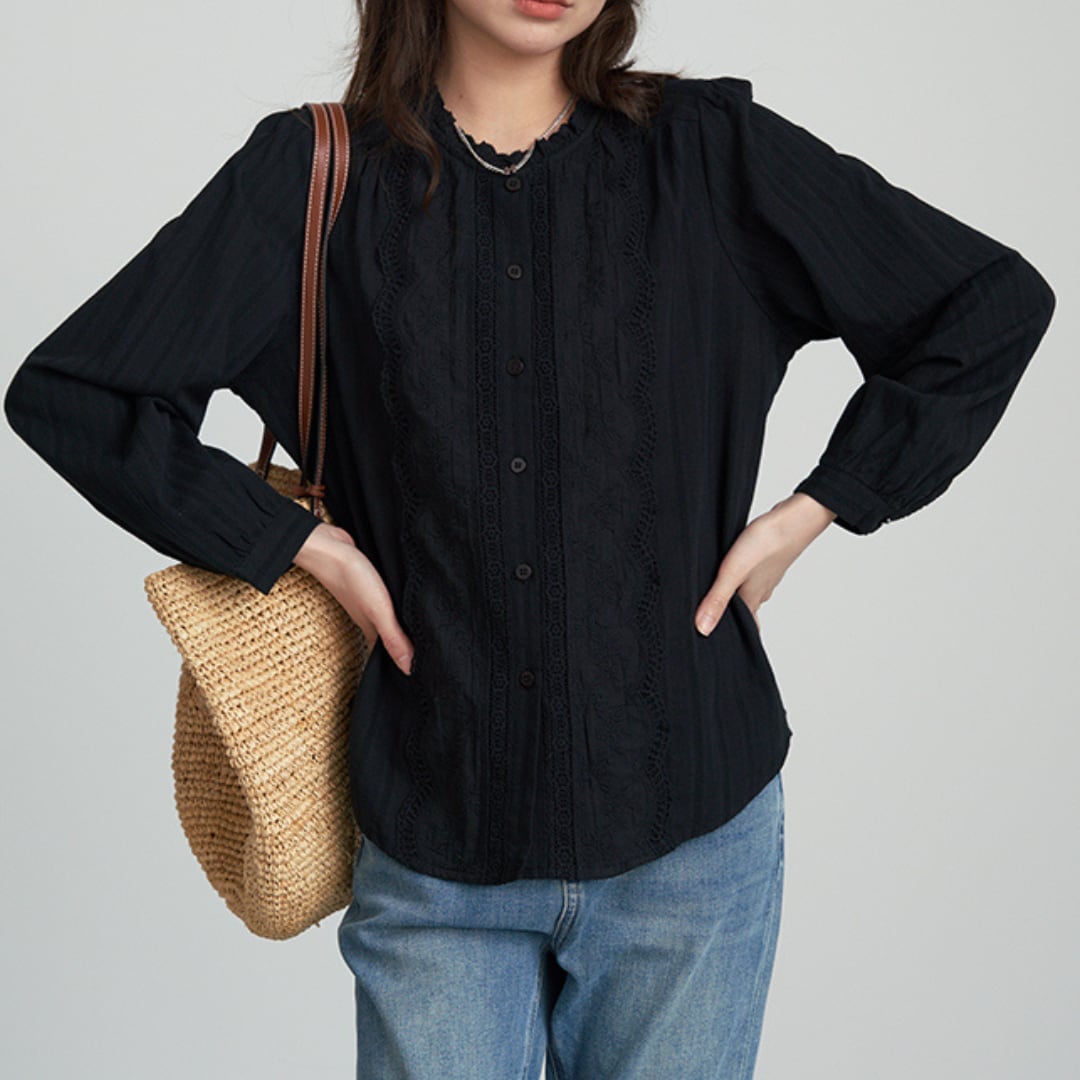 loose jacquard fabric lace round neck shirt