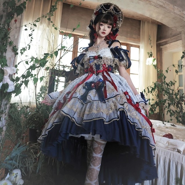 青薔薇に眠る白雪姫 赤薔薇リボン多重フリル姫ロリフィッシュテールドレス