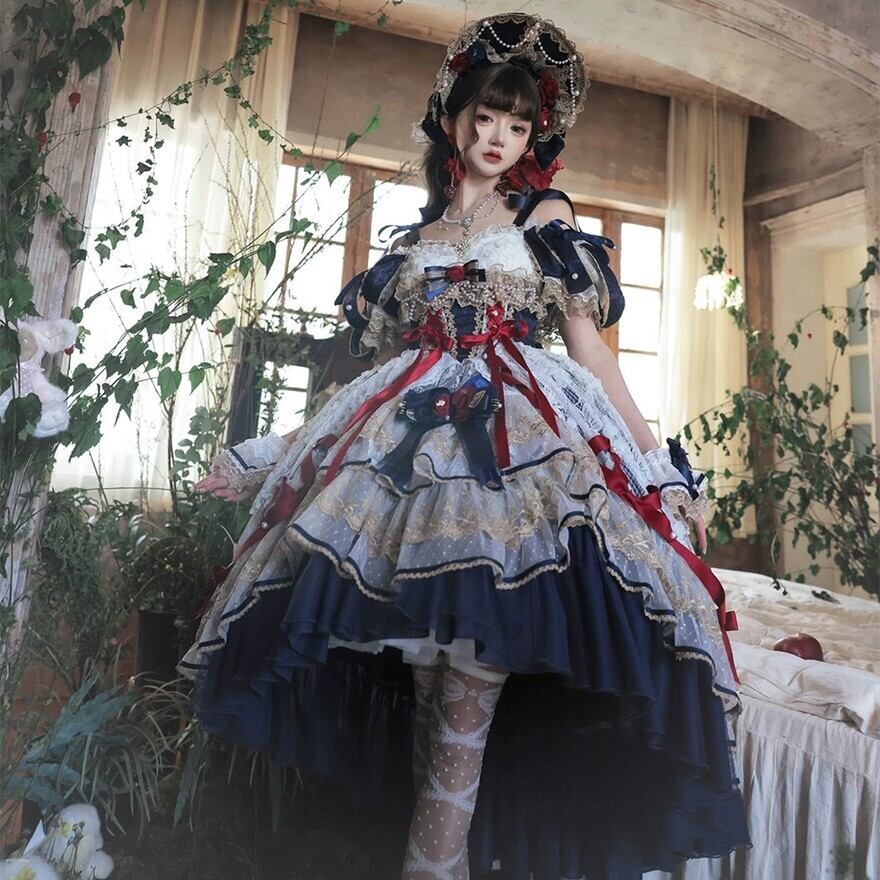 青薔薇に眠る白雪姫 赤薔薇リボン多重フリル姫ロリフィッシュテールドレス