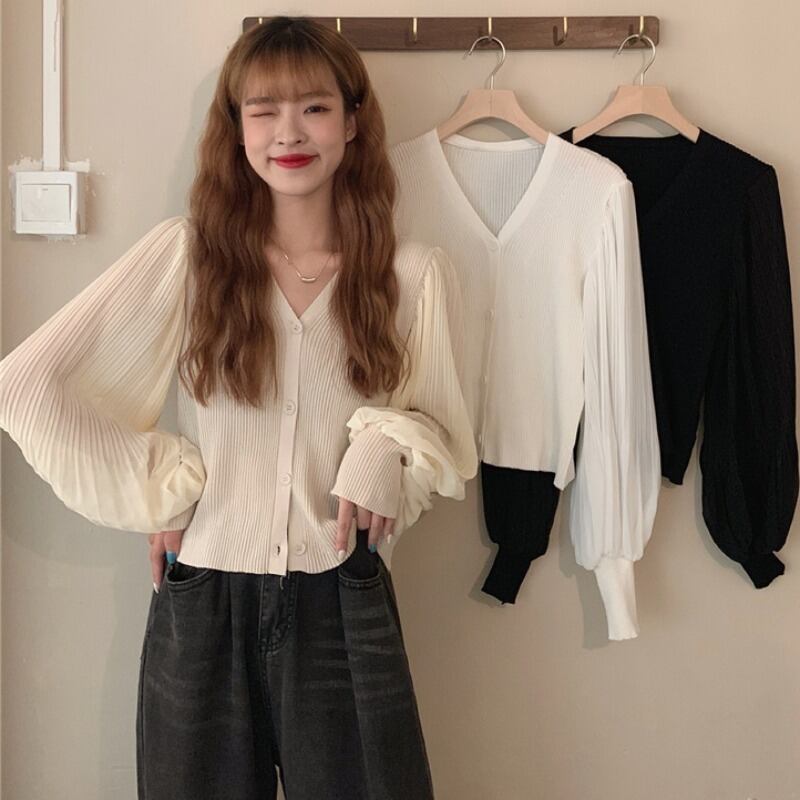 サマーVネックスリーブシフォンニットカーディガントップス レディース ランタンスリーブ 夏物 ステッチ YY-ファッション19285468292