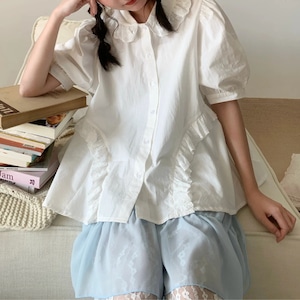 【3色】ボリュームPuffのフリルCotton blouse (kai1365)