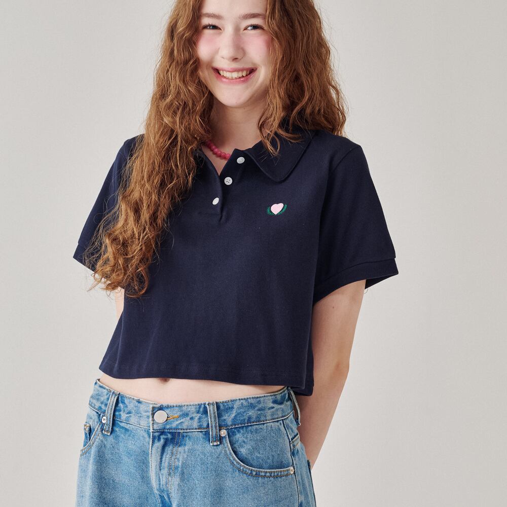 RONRON★韓国★日本未入荷★人気 Henryneck Long Sleeve RONRON] HEART LAUREL PIQUE CROP HALF T SHIRT NAVY 正規品