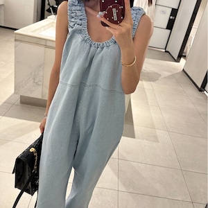 vintage denim sleeveless overall jumpsuit<p3311>
