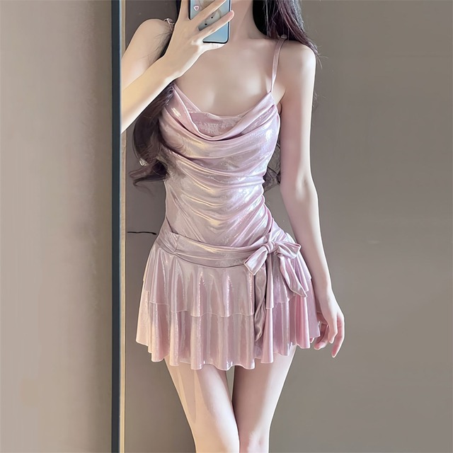 水着 美人度アップ 温泉 リボン ワンピース ピンク S M L XL