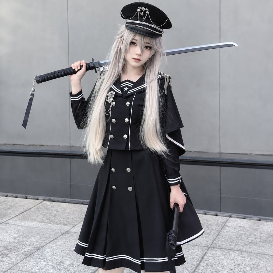 星冠の少女 長袖セーラーと70cmロング丈の軍服ロリータ3点セット