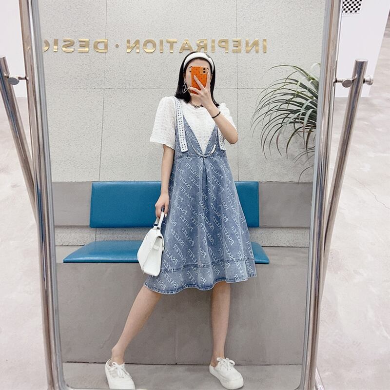 サマースタイルラウンドネックTシャツ スカート 大きめサイズ 夏物 Oネック ミックスインファッション93267592009