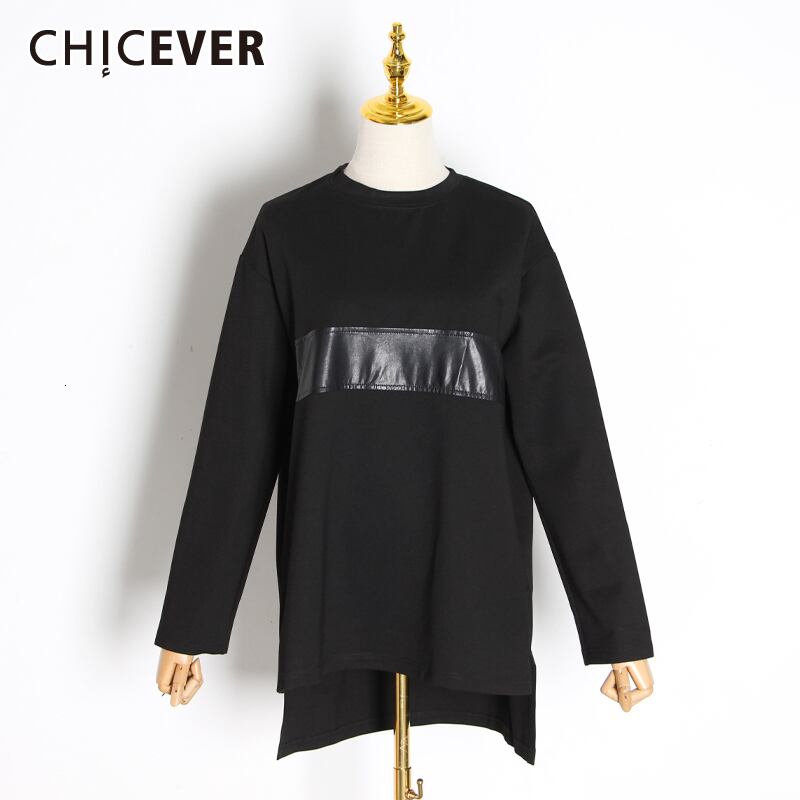 CHICEVERパッチワークPUレザーTシャツレディースOネック長袖オーバーサイズルーズアシンメトリーシャツ2020 ロング 6base590560492289