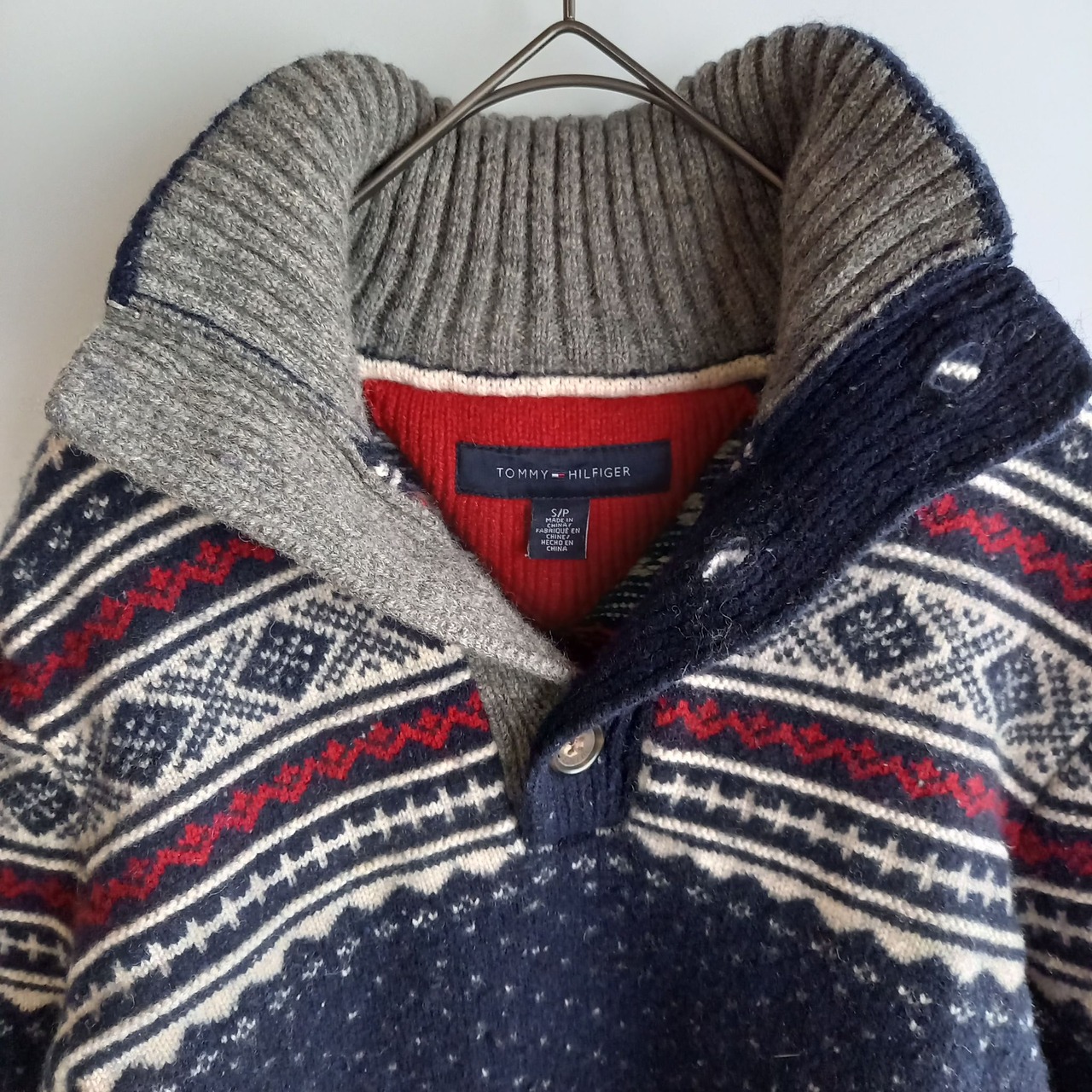 トミー　ハーフボタン　ラムウールセーター　ノルディック柄　ネイビー　S/P