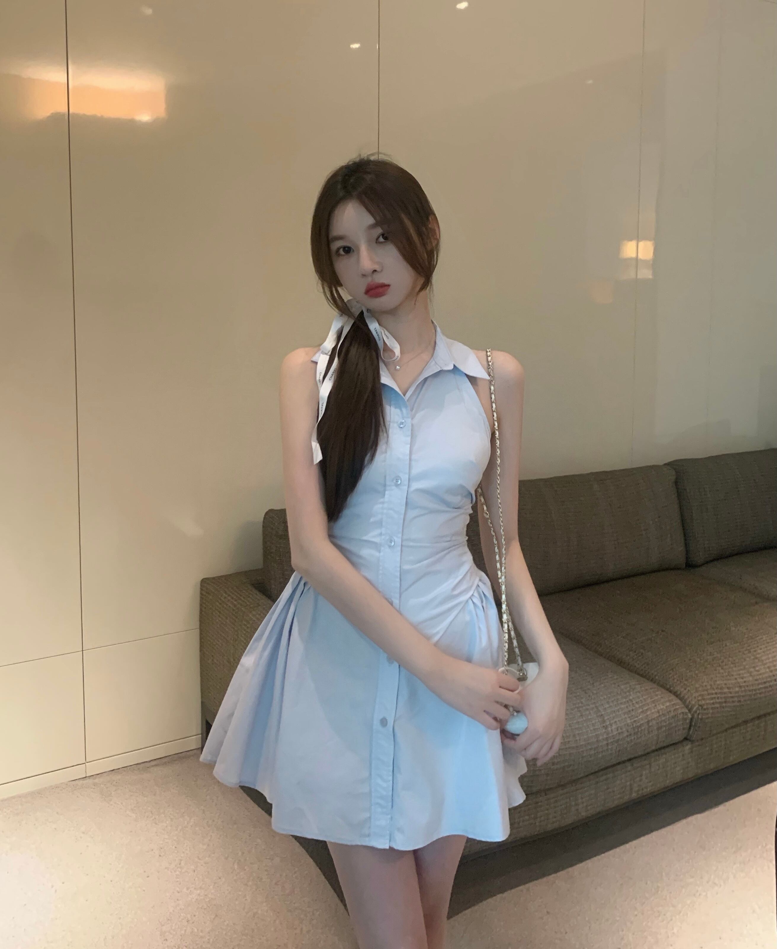 シャツ ドレス サマーショートスカート ウェストプリーツ 大人ガーリー スウィート キュート カジュアル 夏物 ブラックストロベリース71832769111