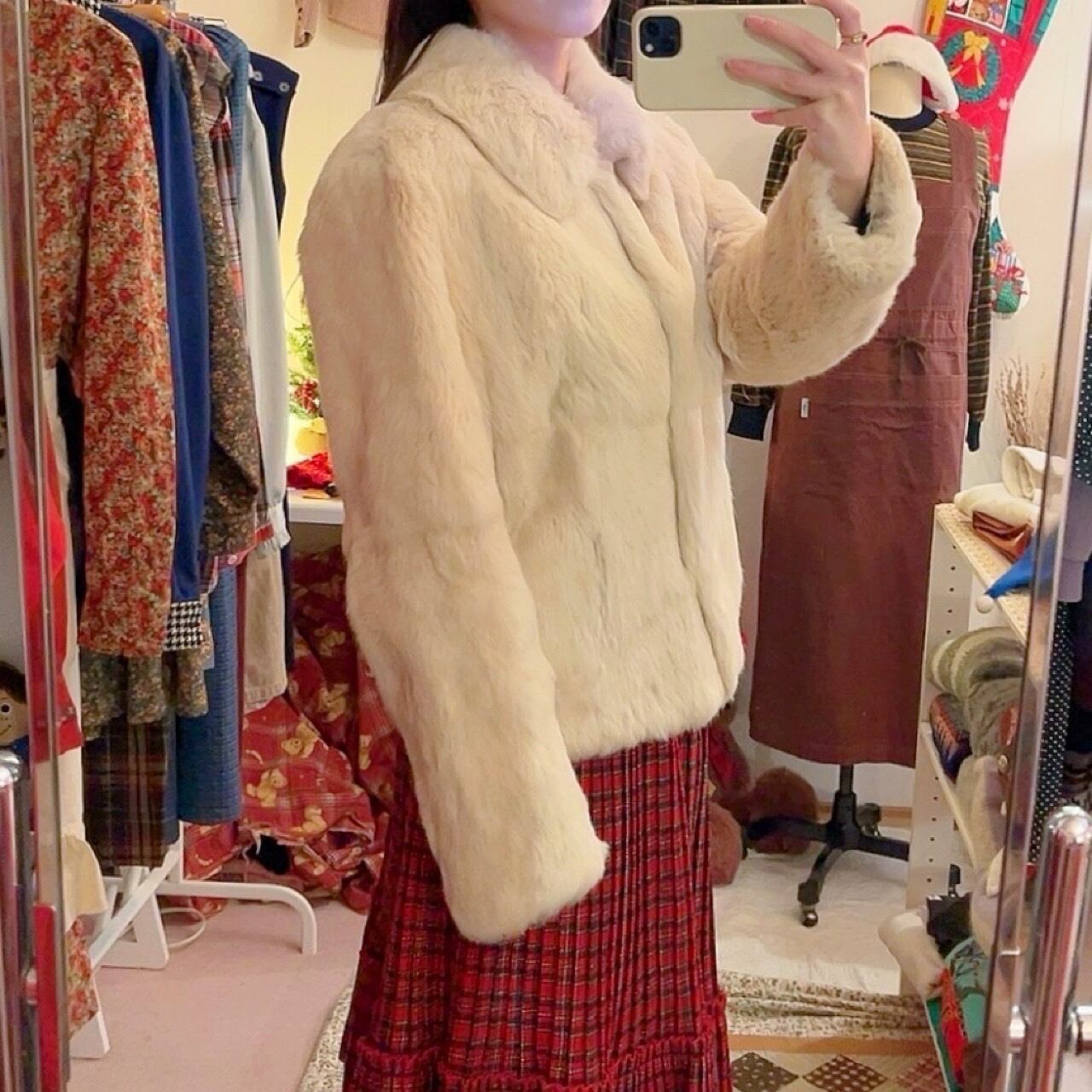 cream rabbit fur coat