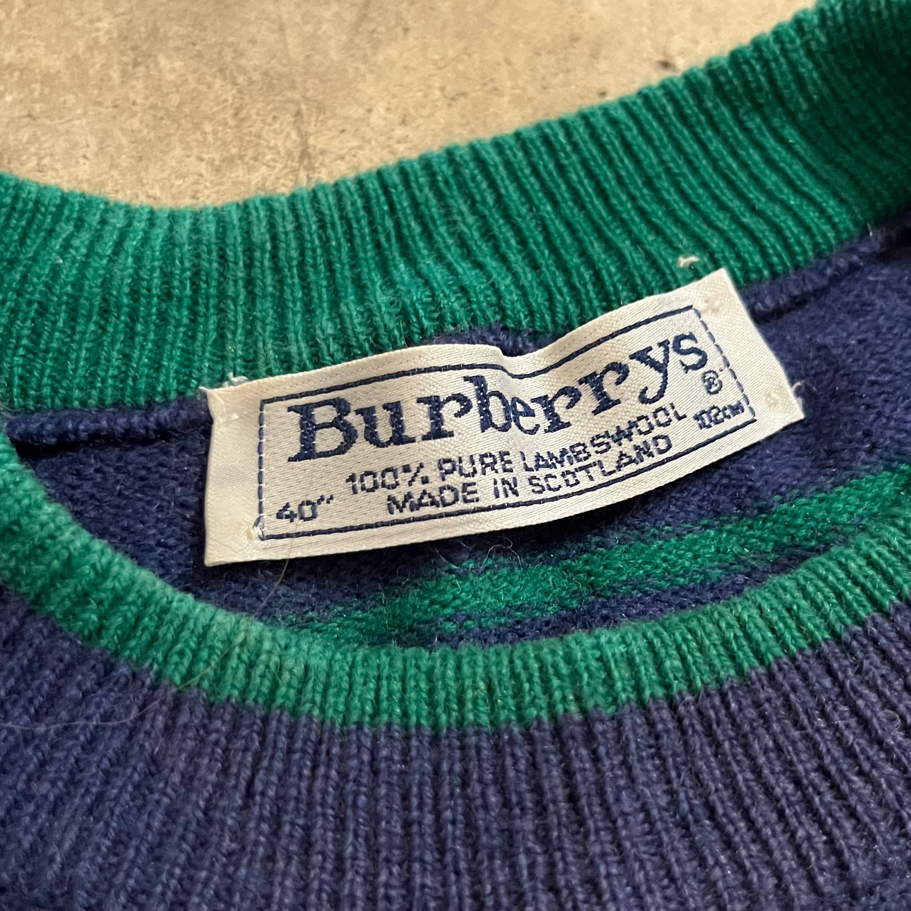 【BURBERRY】90’s made in Scotland lambwool golf embroidery border knit/バーバリー  90年代 スコットランド製 ラムウール ゴルフ刺繍 ボーダー ニット/lsize/#0802/osaka | 〚ETON_VINTAGE〛