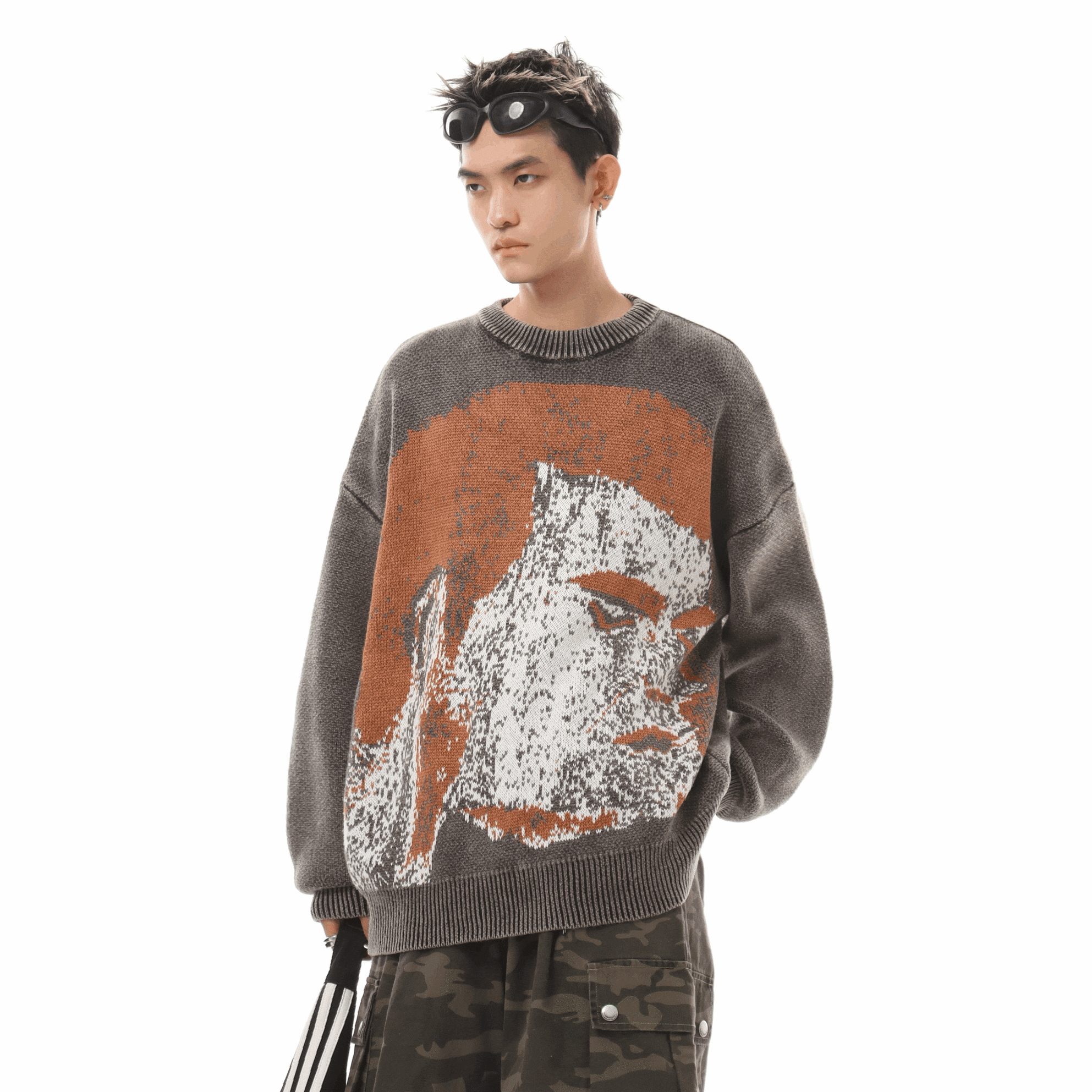 BOOGOOVOGUE人顔プリントウォッシュドニットセーター | mblueshop