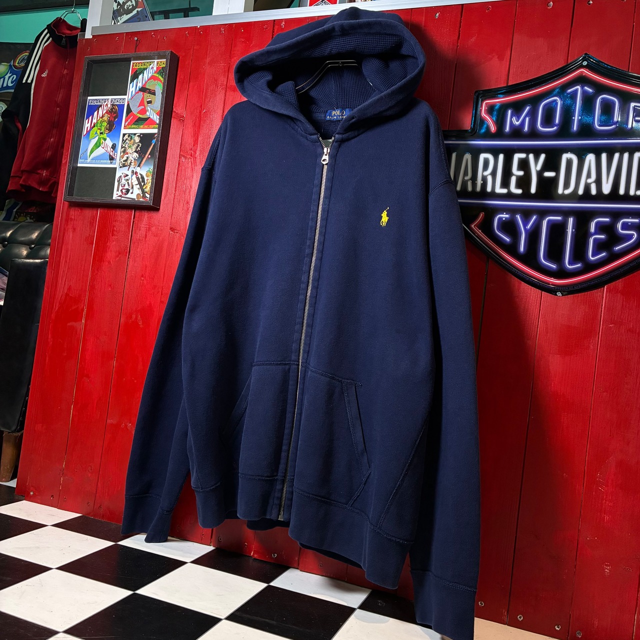 POLO RALPH LAUREN ジップパーカー　ネイビー　黄ポニー　フード裏サーマル