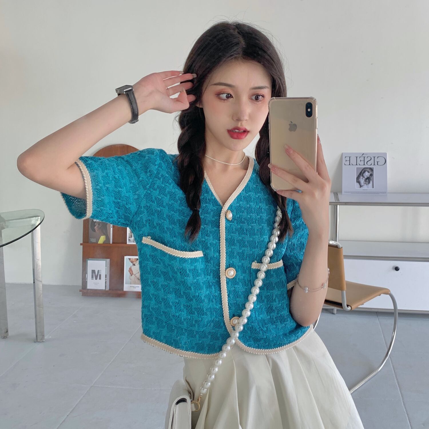 スタンダードツィードショートカラーVネックカーディガントップス レトロ ドラファッションホール35543427665