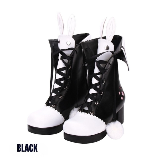 ゴスロリ うさ耳レースアップショートブーツ 厚底 バイカラー 編み上げ ショートブーツ（太ヒール）