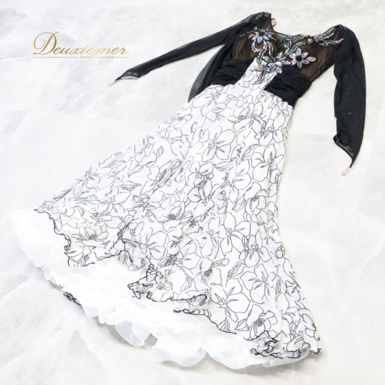 社交ダンス 衣装 タカダンス TAKADANCE スタンダード ドレス ワンピース パーティ 発表会 白 黒 スパンコール ブラック系 ホワイト系 シック 上品 ドレス Mサイズ おしゃれ フォーマル レディース 衣装 パーティー 発表会用