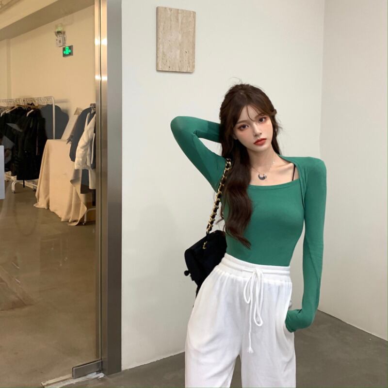 Tシャツ シャツ ショートスリムスプリングトップス ロング ピンク 春物 スクウェア ブラックストロベリース97955054815