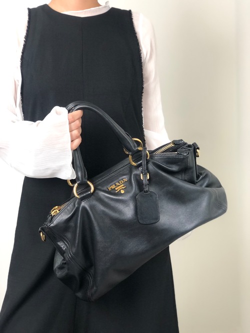 PRADA プラダ ショルダーバッグ ブラック ロゴ レザー ボストンバッグ vintage ヴィンテージ オールド k82hca