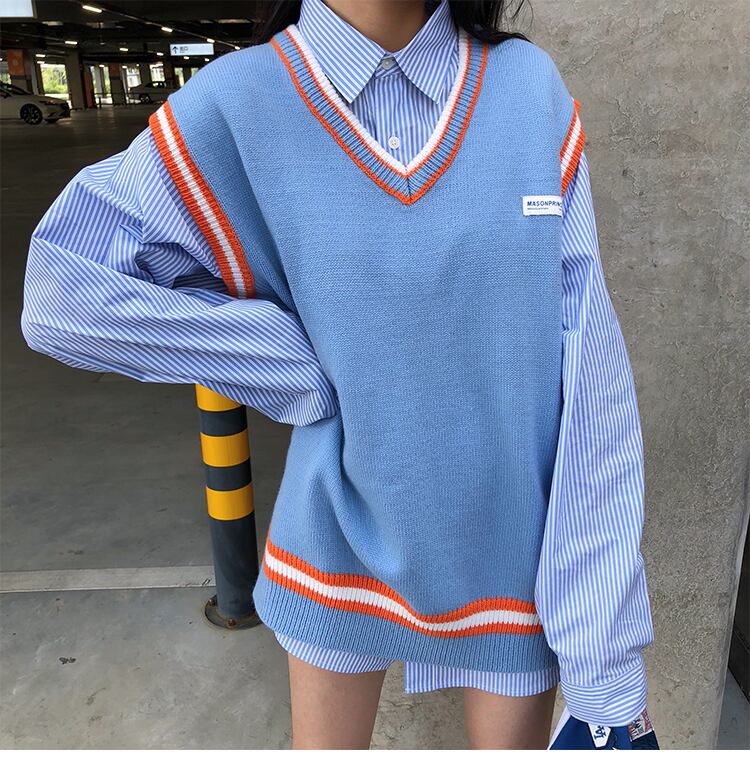 即納 アメリカンスクールガール 2点セット セットアップ オーバーサイズ ベスト ストライプ柄 シャツ Lamitte Deco トレンド 韓国ファッション ショップ Base店