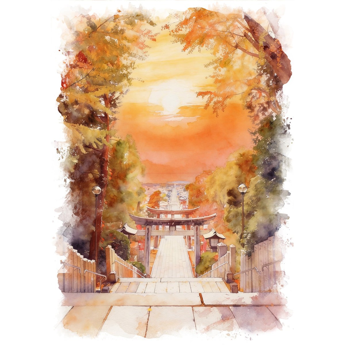 絵画 日本 夕暮れの福岡県 宮地嶽神社の風景 インテリアアート額付き