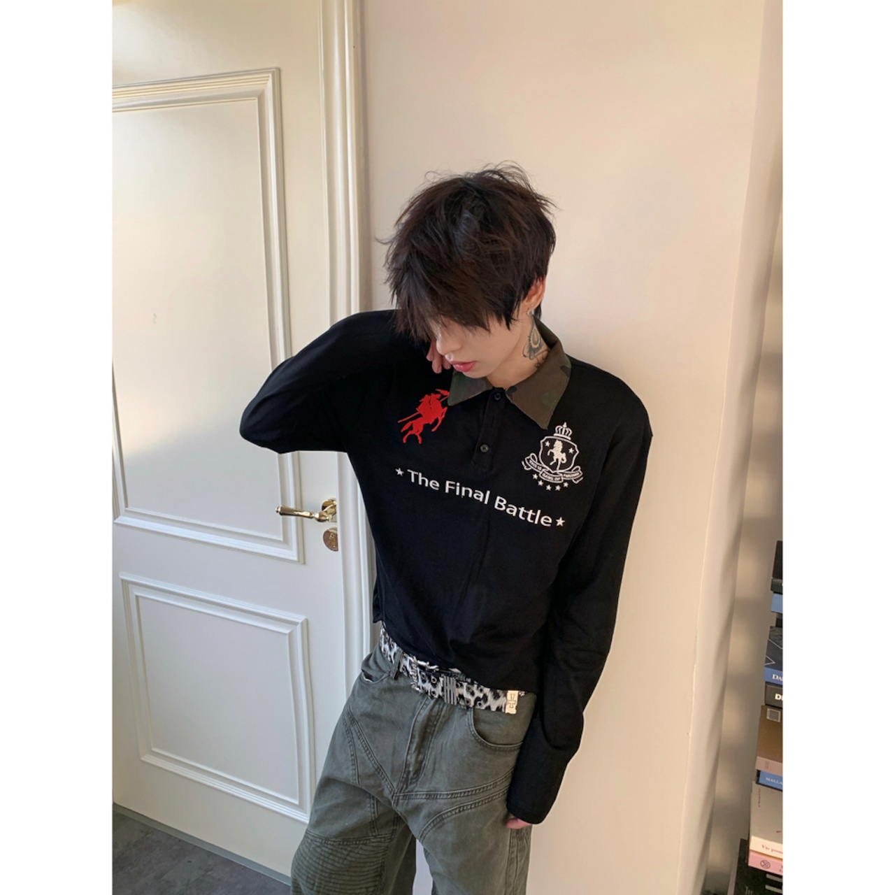 VINTAGE ストリート カモ襟刺繍ポロロングTシャツ T2216