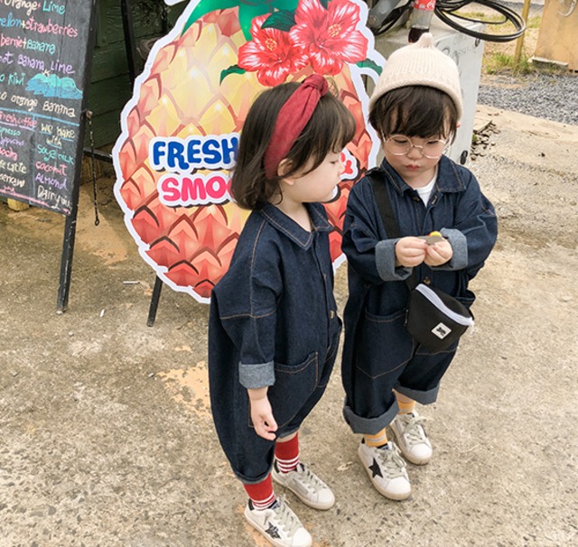 デニムサロペット カバーオール デニム つなぎ ツナギ オールインワン サロペット 春夏 春 夏 秋冬 秋 冬 新作 長袖 お揃い 双子コーデ リンクコーデ 男の子 女の子 ユニセックス 子供 子供服 韓国 韓国子供服 プレゼント 贈り物 ギフト インスタ 80 90 100