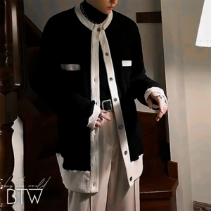 【韓国メンズファッション】 カーディガン 長袖  モノトーン ワイルド ルーズ ジャケット ラウンドネック BW1922