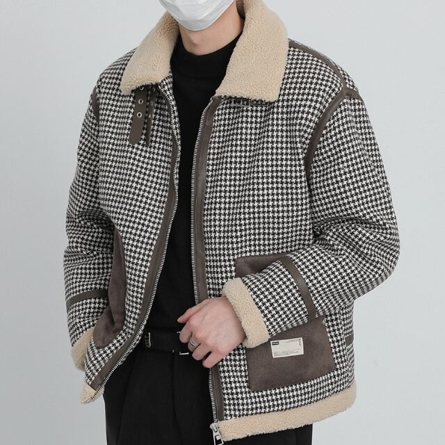【予約販売】フライトジャケット ブルゾン アウター ジップアップ 千鳥格子柄 襟ボア ブラウン ブラック ジャケット ショート丈 メンズ カジュアル 男前 こなれ感 お洒落 韓国 トレンド 秋 冬 M/L/XL