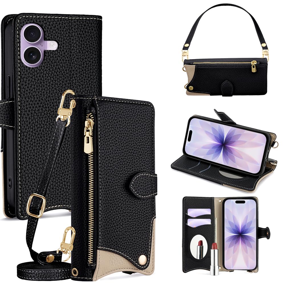 For iPhone 17 ケース 手帳型 ショルダー For アイフォン17 カバー 財布型【 ストラップ 長+短 2本】化粧鏡付き ジッパー小銭入れ カード収納 横置き 耐汚れ PUレザー 防指紋 高耐久性 女性用 贈り物 COCOCLOUD ブラック