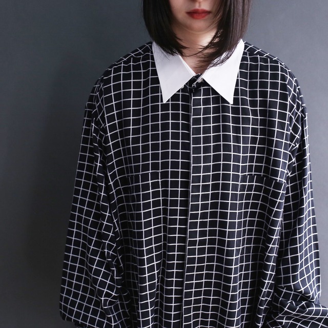 grid pattern switching design l/s super big shirt