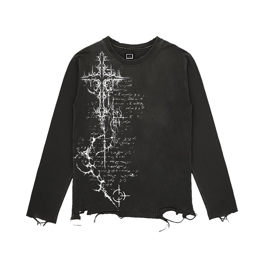 グランジ系ゴシック 十字架プリント長袖Tシャツダメージ加工地雷系