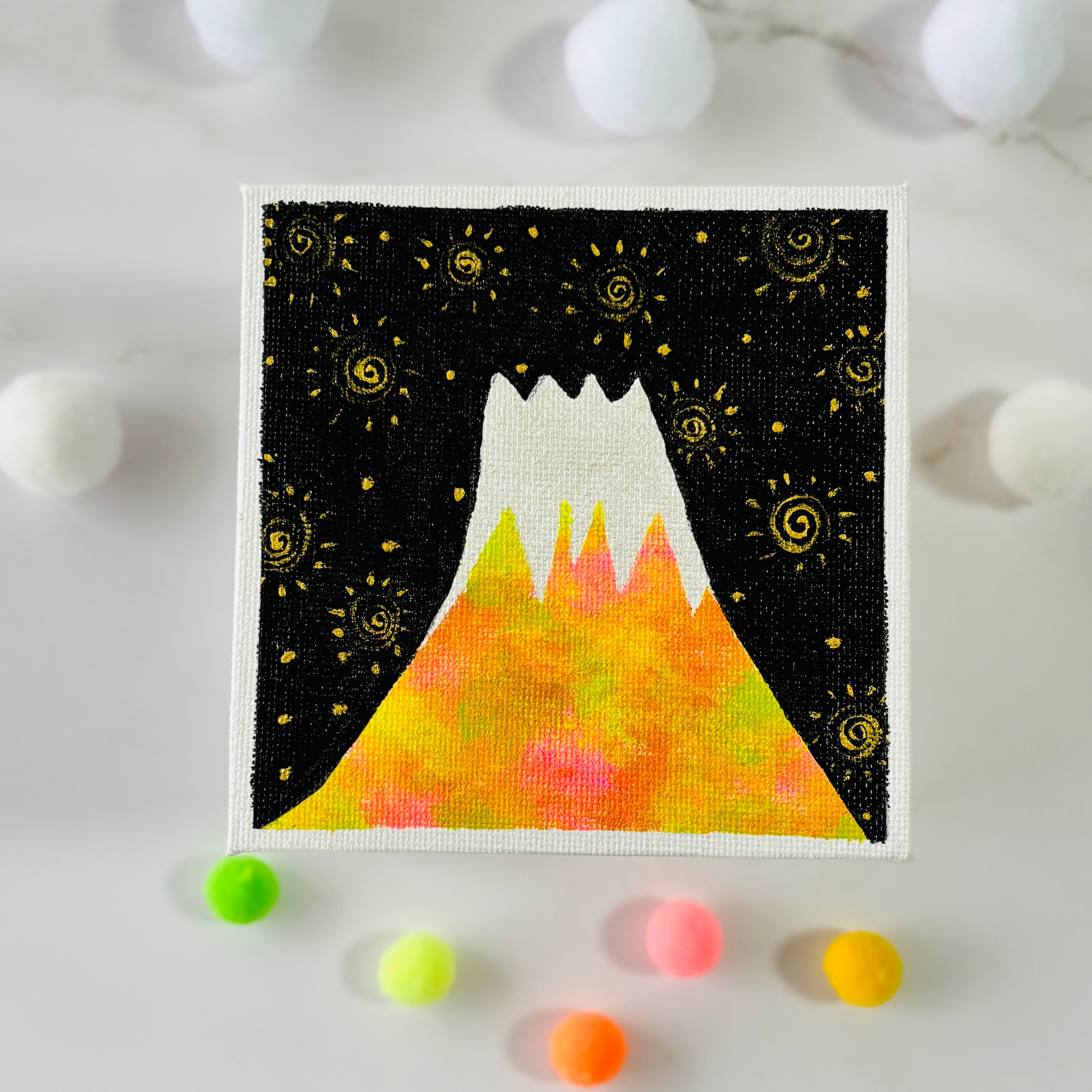 10cm】富士山 キャンバスアート カラフル アクリル絵の具 ※運気アップ