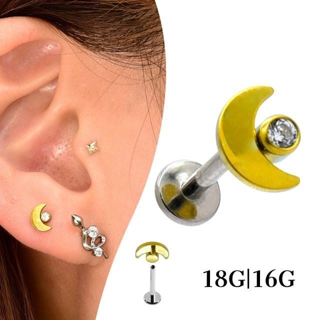 金属アレルギー対応 18G 16G ゴールド ムーンストーン 三日月ピアス