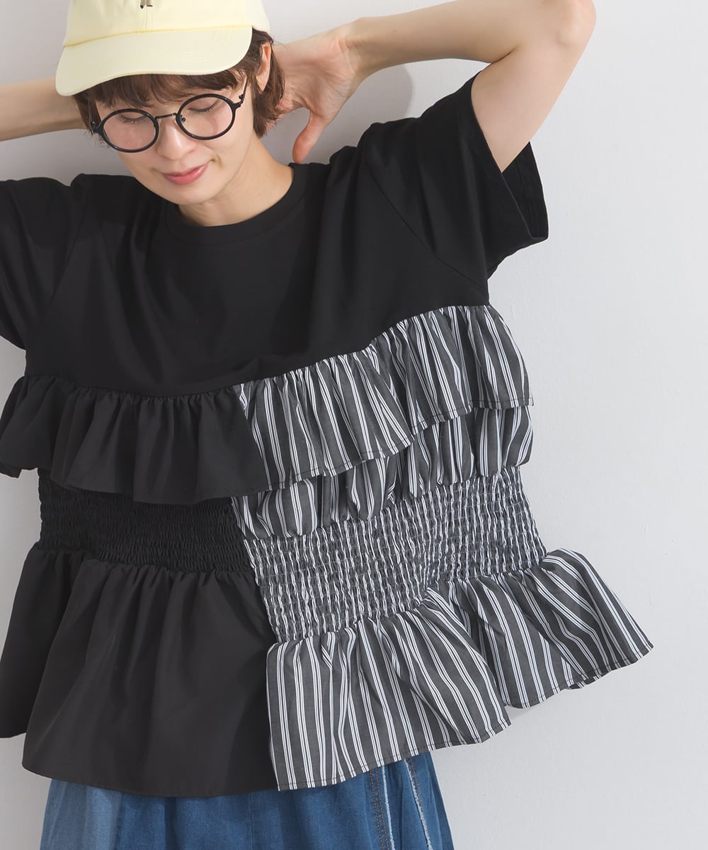 D262168 異素材切替フリルペプラムプルオーバー / Mixed Fabric Frill