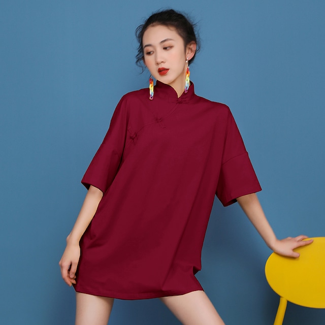 【QIANFURENシリーズ】★チャイナ風トップス★ 3color Tシャツ レディース チャイナボタン シンプル 赤 黒 黄
