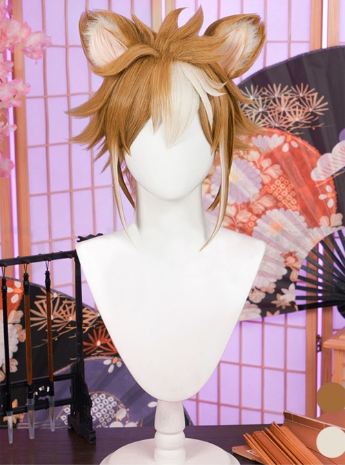 コスプレ耐熱ウィッグ ゴールド ブラウン ホワイト メッシュ ショート キャラクターウィッグ ★原神/ゴロー 等 ★受注品★