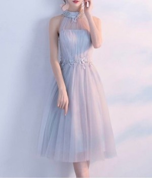 送料無料 未使用 発表会 舞台衣装 パーティ フォ－マル 首・ウエストパール飾り チュール ドレス 11号 L [OPN2851]