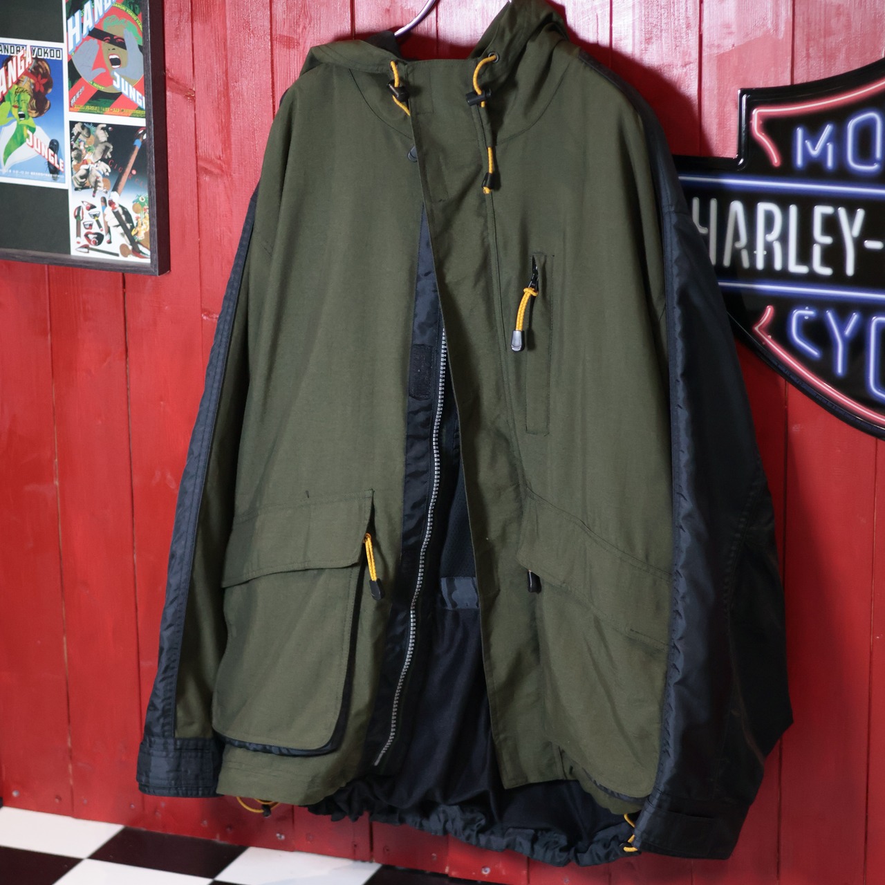 90s OLD GAP マウンテンパーカー カーキ×ブラック ダブルジップ ドローコード M