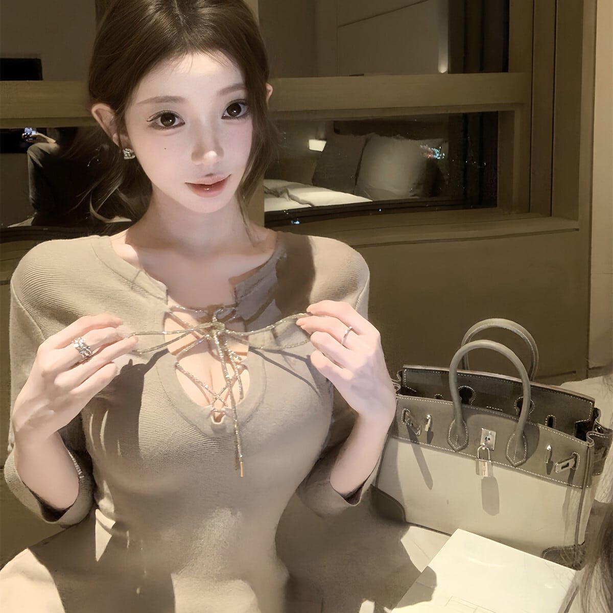 【dress】2WAYレースアップデザインミニワンピース N3494