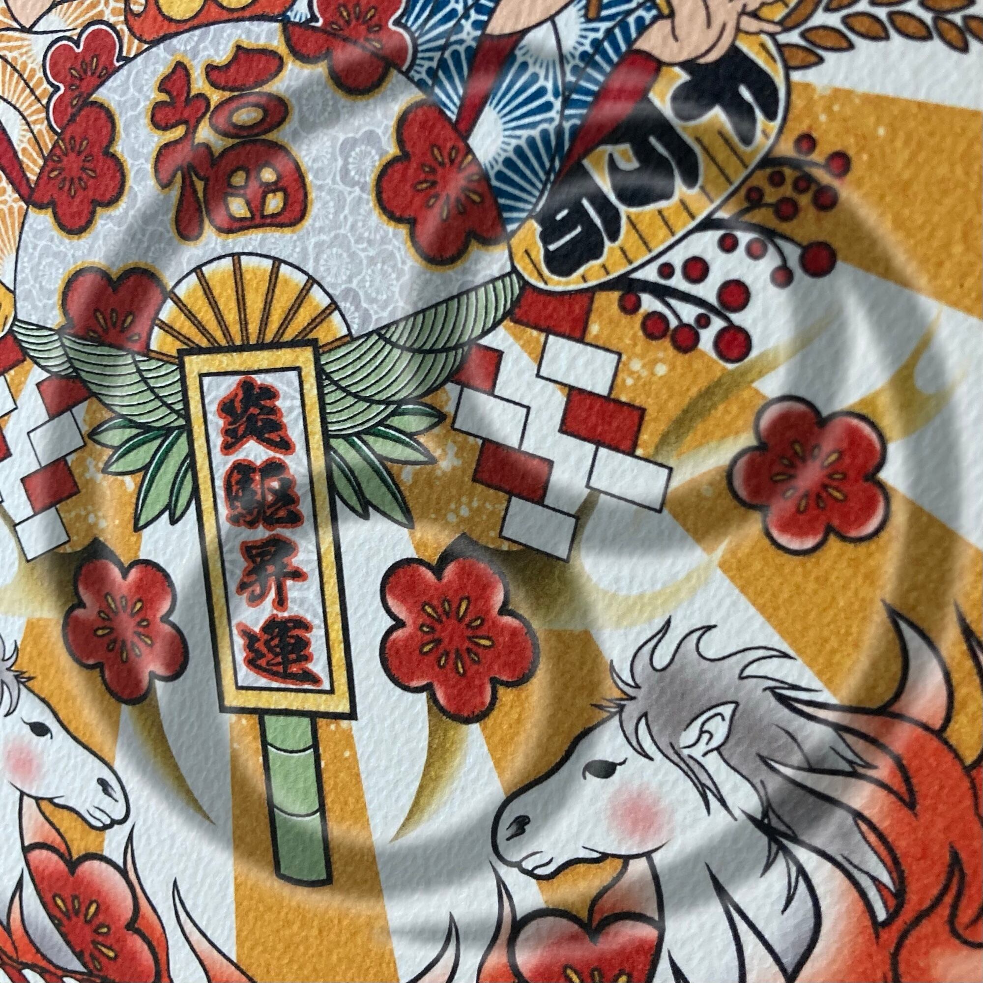尾九 吉祥画 縁起熊手 午年 飛翔炎馬 A4サイズ 簡易フレーム付き