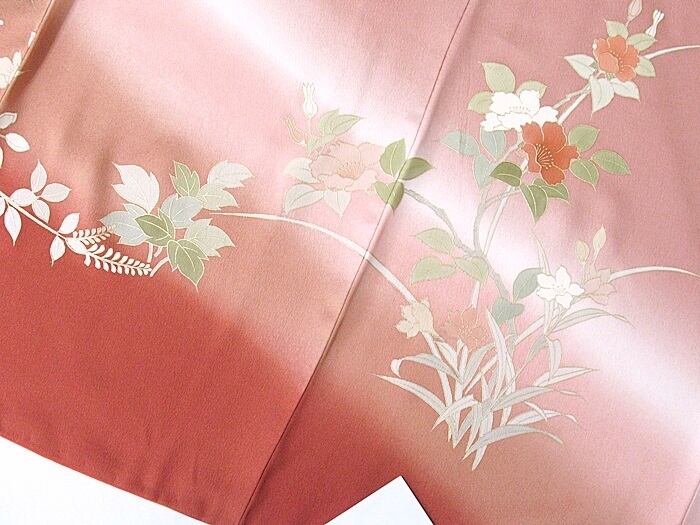 附下げ】袷着物 梨地 椿に富士 虹段暈かし／152cm前後ベスト☆ローズ