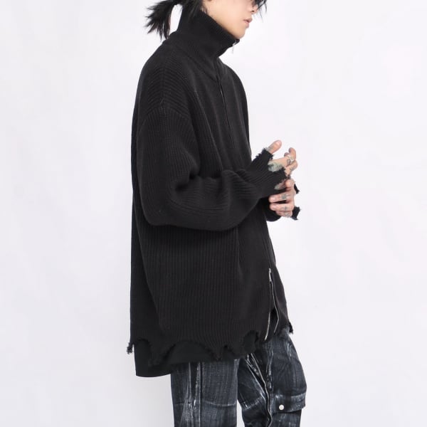 センタージップハイネックダメージエッジブラックニット(ruf_01600)