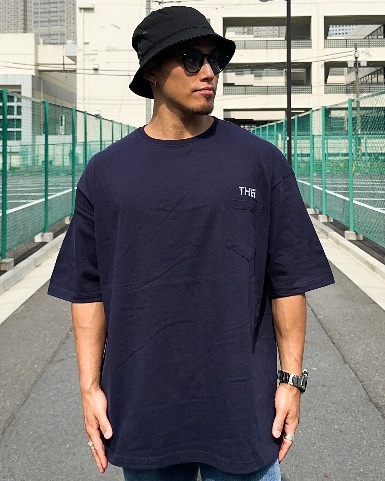 BASIC ONE POINT BIG SILHOUETTE POCKET T-SHIRT - NAVY