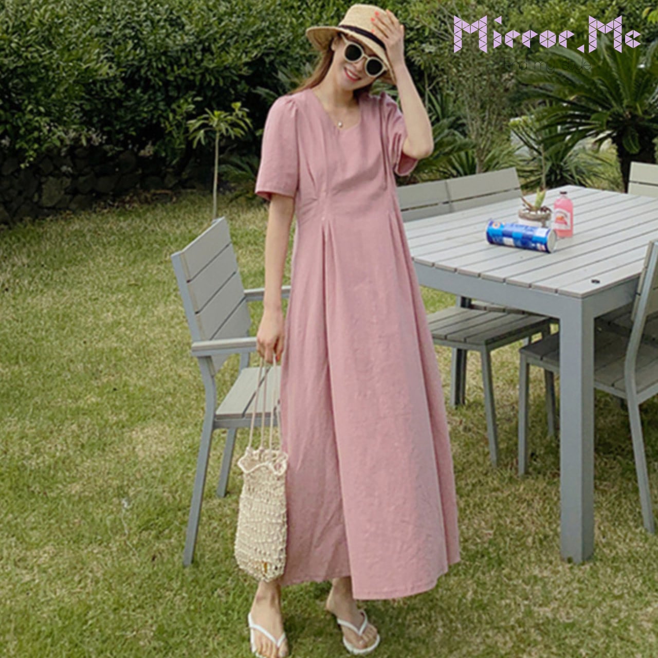 高品質 コットンリネンベビーピンクタックワンピース Mirror Me 高品質 コットンリネンベビーピンクタックワンピース Mirror Me