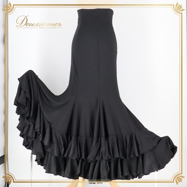 フラメンコ 衣装 ファルダ スカート ハイウエスト 黒 無地 ボランテ フリル 伸縮 レッスン 練習着 ダンス パーティ 発表会 ブラック系 フリルデザイン ダンス衣装 黒スカート 女性用 ファルダフリル ハイウエストスカート ボランテスカート レッスン用衣装 発表会衣装 ダンスパーティ ストレッチ素材 フィット感