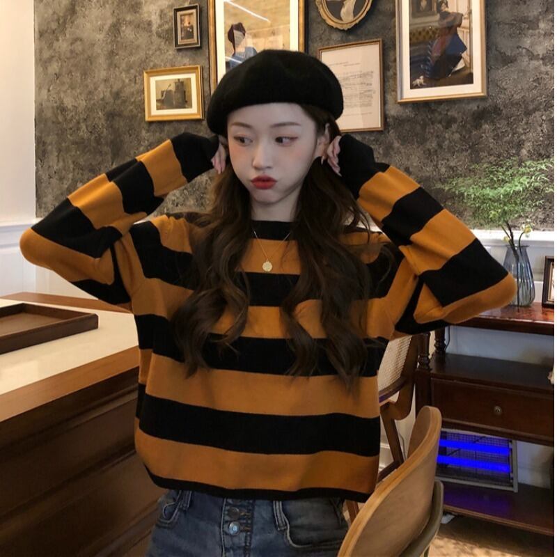 スタイルスタンダードカラーセーター オータムルーズショートブラウス ロング レトロ 秋物 萌量不足71781433352