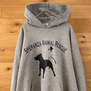 【GILDAN】スウェット パーカー 動物保護 Speranza Animal Rescue アーチロゴ 犬 イラスト シルエット M US古着