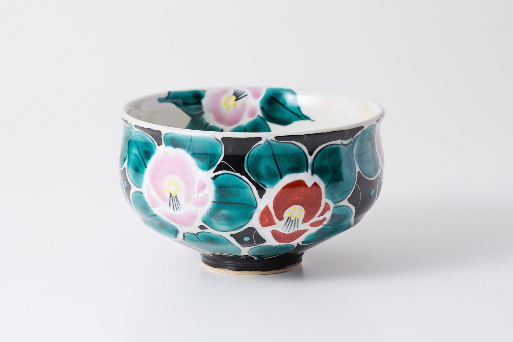 抹茶碗 色絵無双椿 黒