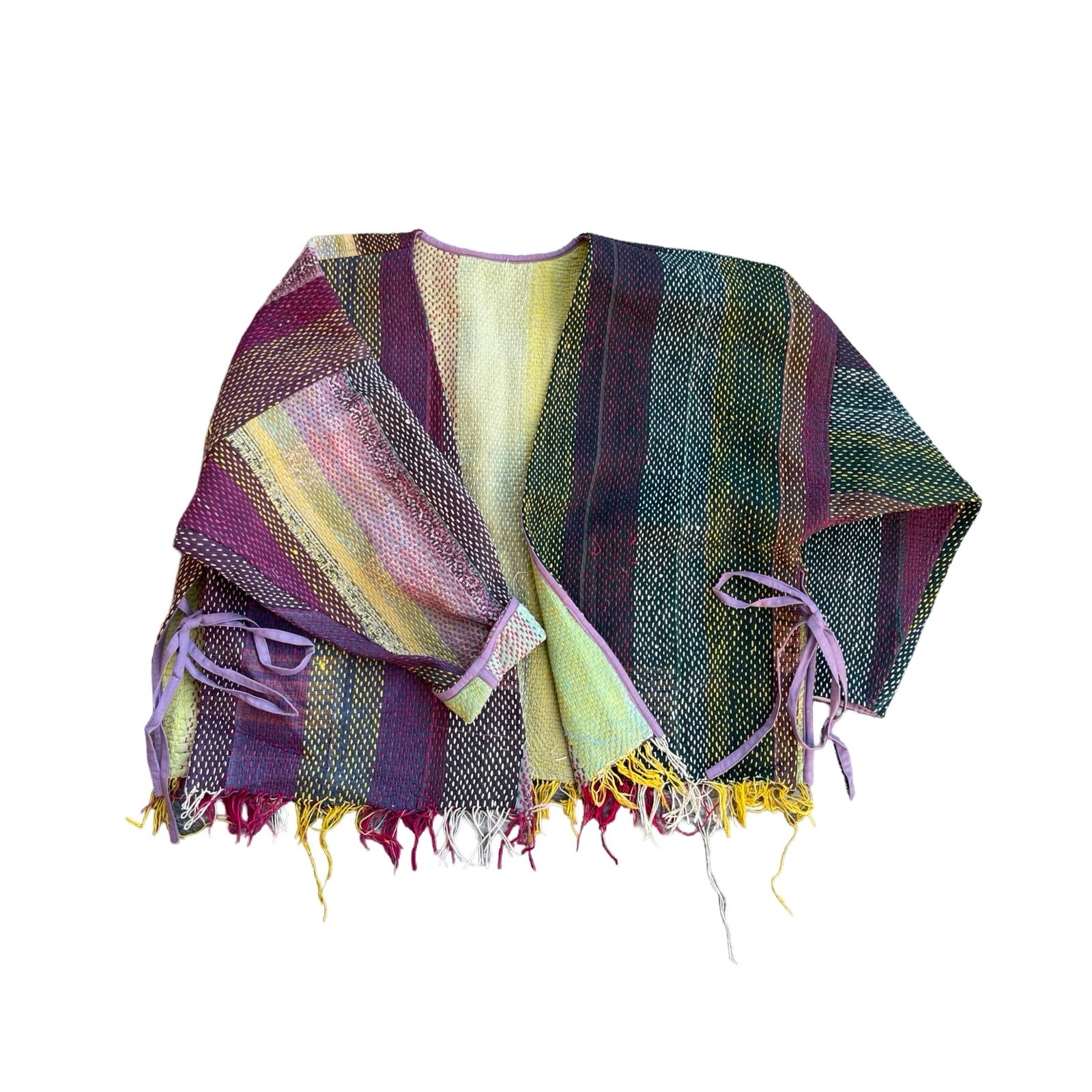 saruche Vintage パキスタングドゥリー 刺子のサイドリボンリバーシブルフリンジジャケット